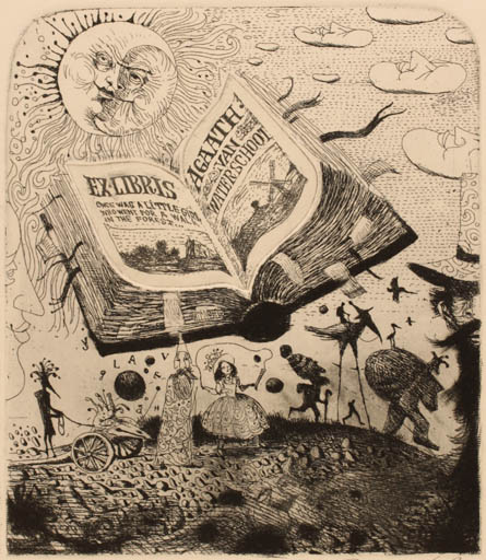 Exlibris by Oleg Dergatchov from Ukraine for Agaath Van Waterschoot - Book Group Sun Surrealism Theater/Cirkus Text/Writing 