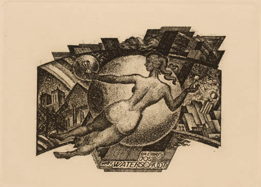 Exlibris by Vladimir Vereschagin from Russia for Jos van Waterschoot - City Woman Nude 