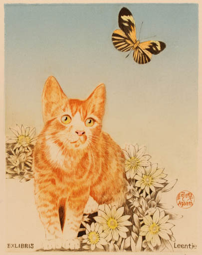 Exlibris by ? Yang Zhong Yi from China for Agaath Van Waterschoot - Flower Cat Butterfly 