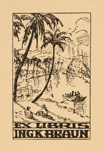 Exlibris by ? Unbekannt from Czech Republic for Ing. K. Braun - Mountain Scenery/Landscape Maritime Palm tree Ship/Boat 