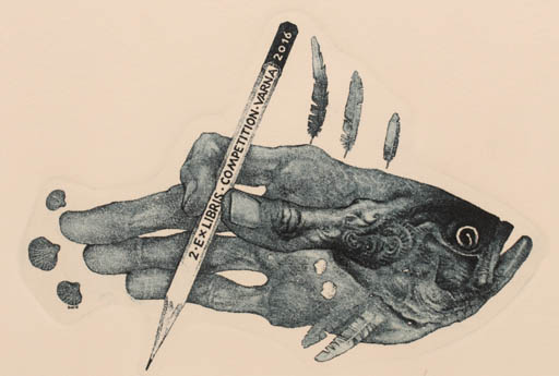 Exlibris by Dimo Milanov from Bulgaria for Exlibris Competition Varna - Fauna Fish Hand(s) 