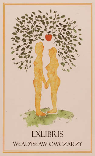 Exlibris by Ewa Ziembicka from Poland for Wladyslaw Owczarzy - Adam and Eve Flora Fruit Woman Man Nude Couple 