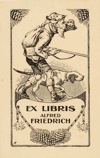 Exlibris by ? Unbekannt from Czech Republic for Alfred Friedrich - Dog Jugend Man Weapon 