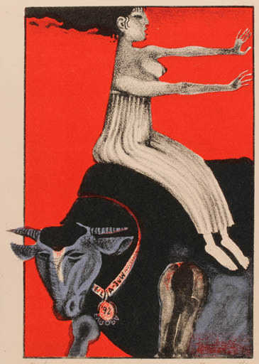 Exlibris by Peter Petzin from Bulgaria for ? Agaath & Jos Van Waterschoot - Europa and the Bull Fauna Woman Mythology 