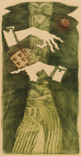 Exlibris by Michaela Lesarova-Roubickova from Czech Republic for Klaus Rödel - Flower Hand(s) Scenery/Landscape Man 