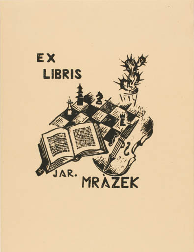 Exlibris by Valasta J. Ambrozoa from Czech Republic for Jaroslav Mrazek - Book Music Sport/game 