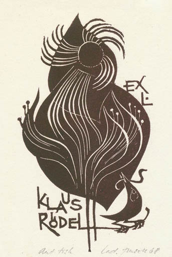 Exlibris by Ladislav Rusek from Czechoslovakia for Klaus Rödel - Fauna Flora Bird Sun 