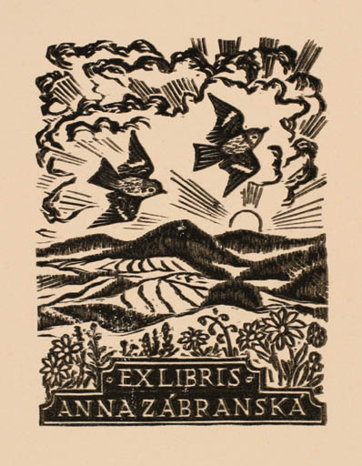 Exlibris by ? Unbekannt from Czech Republic for Anna Zabranska - Fauna Flora Bird Scenery/Landscape Sun 
