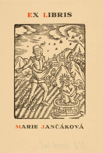Exlibris by ? Unbekannt from Czech Republic for Marie Jancakova - Working Mountain City Scenery/Landscape Man 