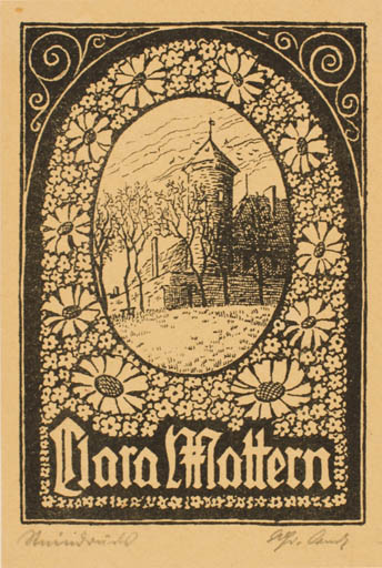 Exlibris by ? Unbekannt from Czech Republic for Clara Mattern - Architecture Flower Castle/Palace Flora Jugend 