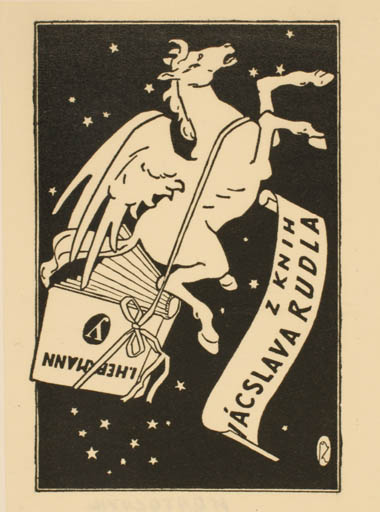 Exlibris by ? Unbekannt from Czech Republic for Vaclav Rudl - Book Cosmos Mythology Pegasus 