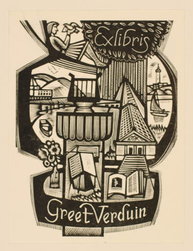 Exlibris by Jan Battermann from Netherland for Greet Verduin - Book City Maritime Ship/Boat 