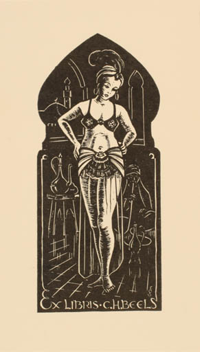 Exlibris by Harry Corvers from Netherland for C. H. Beels - Dancing Oriental Woman 