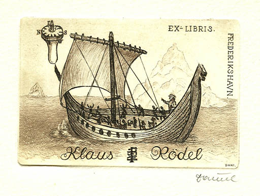 Exlibris by Victor Dàniel from Hungary for Klaus Rödel - Maritime Ship/Boat Viking 