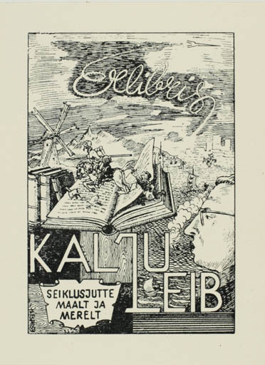 Exlibris by Nigul Espe from Estonia for Kalju Leib - Book Don Quijote Scenery/Landscape Mill Knight 