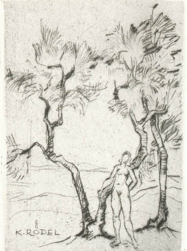 Exlibris by Rudolf Koch from Germany for Klaus Rödel - Woman Scenery/Landscape Nude Tree 