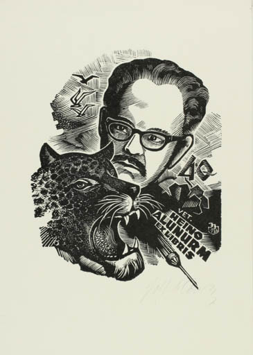 Exlibris by Johannes Juhansoo from Estonia for Heino Alunurm - Fauna Medicine Man Portrait 