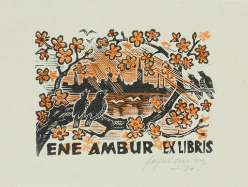 Exlibris by Johannes Juhansoo from Estonia for Ene Ambur - Flower City Bird 