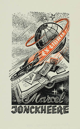 Exlibris by Johannes Juhansoo from Estonia for Marcel Jonckheere - Book Aircraft Globe Cosmos Technology 