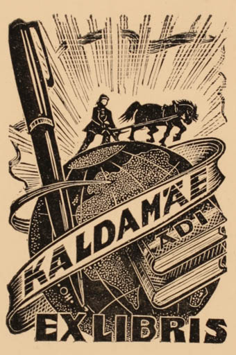 Exlibris by Johannes Juhansoo from Estonia for Adi Kaldamäe - Working Book Globe Horse 