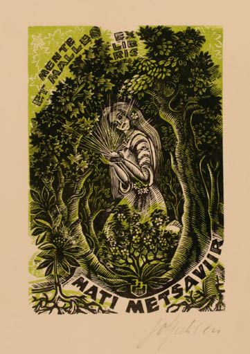 Exlibris by Johannes Juhansoo from Estonia for Mati Metsaviir - Woman Forest 