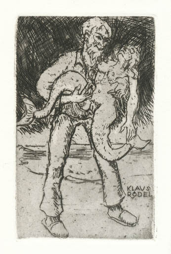 Exlibris by Rudolf Koch from Germany for Klaus Rödel - Erotica Mermaid Man Mythology 