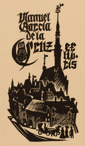 Exlibris by Väino Tönisson from Estonia for Manuel Garcia de la Cruz - City Owl 