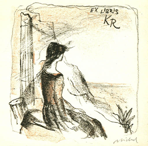 Exlibris by Rastislav Michal from Czechoslovakia for Klaus Rödel - Woman Scenery/Landscape 