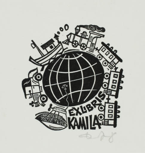 Exlibris by Zbigniew Dolatowski from Poland for ? Kamila - Car Globe Ship/Boat Technology Train 