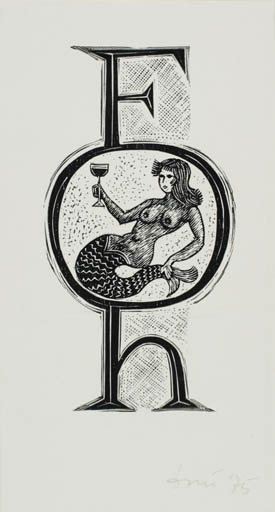 Exlibris by Jerzy Druzrycki from Poland for Helmer Fogedgaard - Mermaid Monogram Wine 