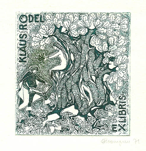 Exlibris by Imbi Ploompuu from Estonia for Klaus Rödel - Book Couple Tree 