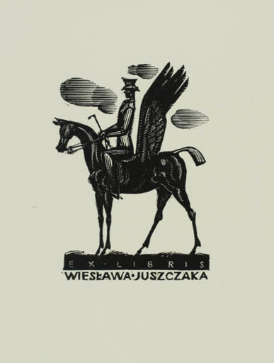 Exlibris by Jerzy Jarnuszkiewiez from Poland for Wieslawa Juszczaka - Mythology Pegasus Horseman/Rider 