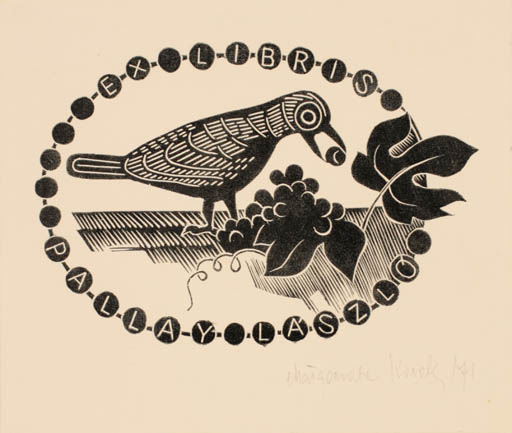 Exlibris by Malgorzata Korolko from Poland for Laszlo Pallay - Bird Wine 