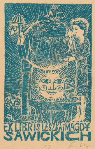 Exlibris by Zbigniew Lubicz-Miszewski from Poland for Leszka i Magdy Sawickich - Globe Cat Couple Sun 