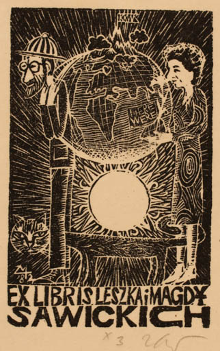 Exlibris by Zbigniew Lubicz-Miszewski from Poland for Leszka i Magdy Sawickich - Globe Cat Couple Sun 