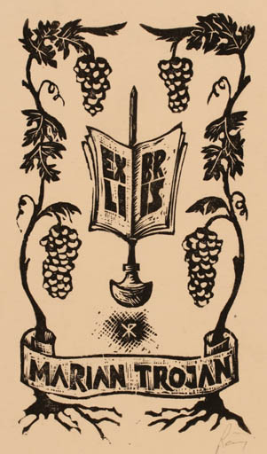 Exlibris by Klemens Raczak from Poland for Marian Jozsef Trojan - Wine 