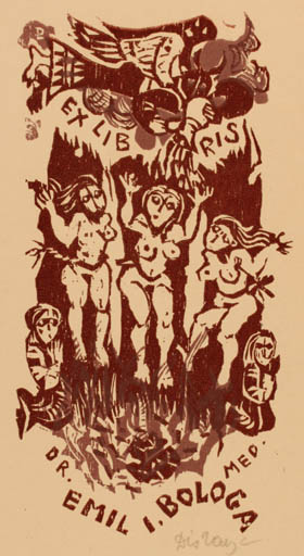 Exlibris by Lenke Diskay from Hungary for Dr. Emil I. Bologa - Woman Nude 