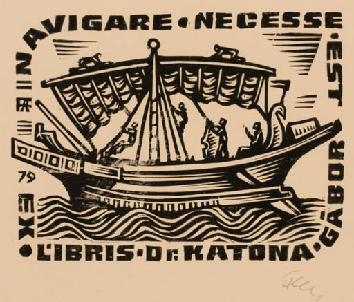 Exlibris by Antal Fery from Hungary for Dr. Katona Gabòr - Ship/Boat 