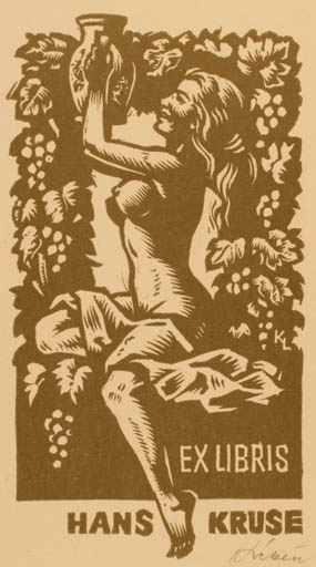 Exlibris by Laszlo Kekesi from Hungary for Hans Kruse - Woman Nude Wine 