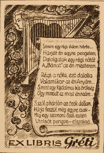 Exlibris by Jenö Kertes-Kollmann from Hungary for ? Greti - Flora Music Text/Writing 