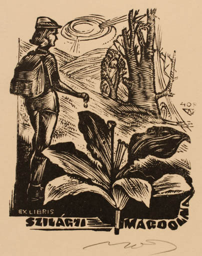 Exlibris by Laszlo Lazar Nagy from Hungary for Magdolna Szilagyi - Flower Flora Woman 