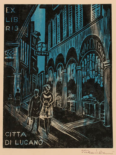 Exlibris by Dezsö Takacs from Hungary for Citta di Lugano - City Couple 