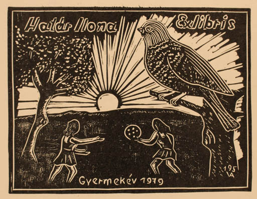 Exlibris by Antal Varga from Hungary for Ilona Hatar - Child Bird Sun 