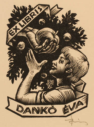 Exlibris by Kàroly Vàroknyi from Hungary for Eva Danko - Child Fruit Hand(s) 