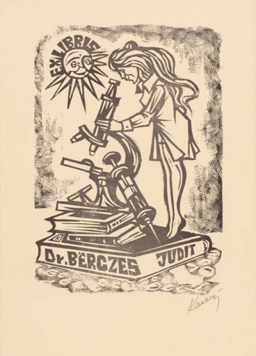 Exlibris by Sandor Karancsi from Romania for Dr. Judit Berczes - Book Woman Medicine Sun Science 