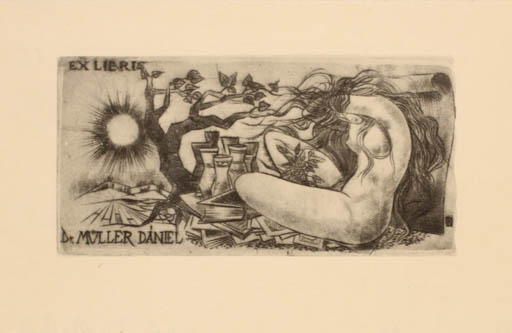 Exlibris by Sandor Karancsi from Romania for Dr. Daniel Müller - Woman Scenery/Landscape Nude 