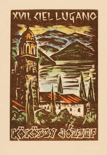 Exlibris by Kàroly Andrusko from Yugoslavia for Jozsef Kökössy - Architecture Mountain Exlibris Congress Church Scenery/Landscape 