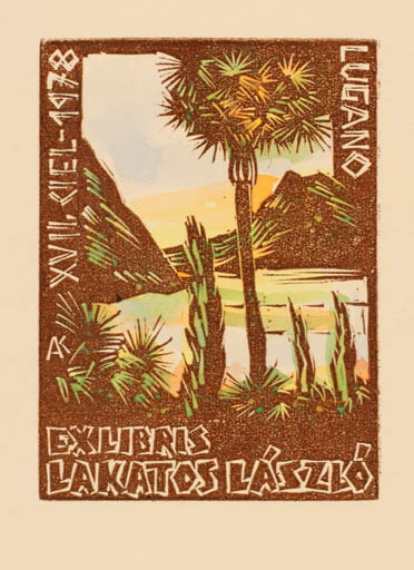 Exlibris by Kàroly Andrusko from Yugoslavia for Laszlo Lakatos - Exlibris Congress Scenery/Landscape Palm tree 