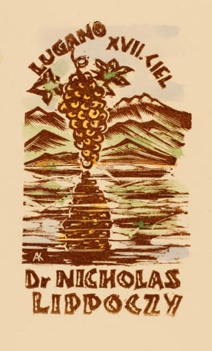 Exlibris by Kàroly Andrusko from Yugoslavia for Dr. Nicholas Lippoczy - Exlibris Congress Scenery/Landscape Wine 