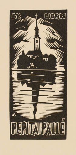 Exlibris by Kàroly Andrusko from Yugoslavia for Pepita Palle - Mountain Church Scenery/Landscape Religion 